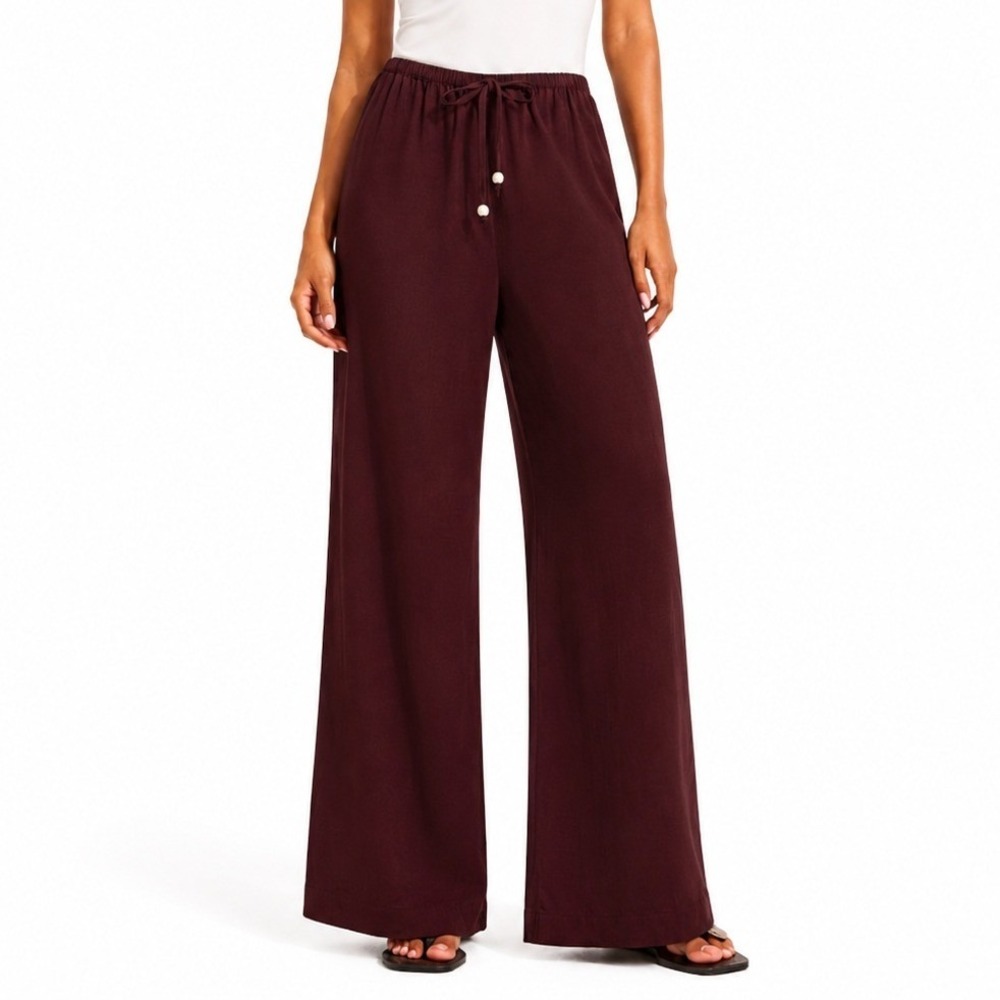 Friends Like These Fudge Brown Wide Leg Tie Waist Linen Trousers US 8 NEW